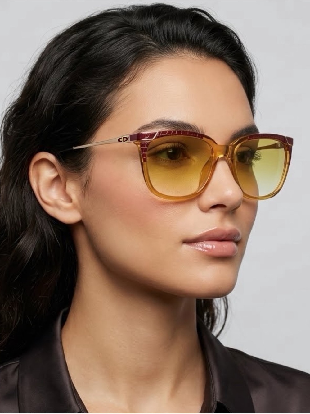 VTG Christian Dior 2403 Croc Embossed Butterfly Cat Eye CD Logo Yellow Burgundy